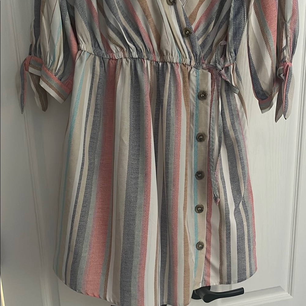 Blush Tan and Gray Wrap Sundress with Cuffed Sleeves - Picture 4 of 5